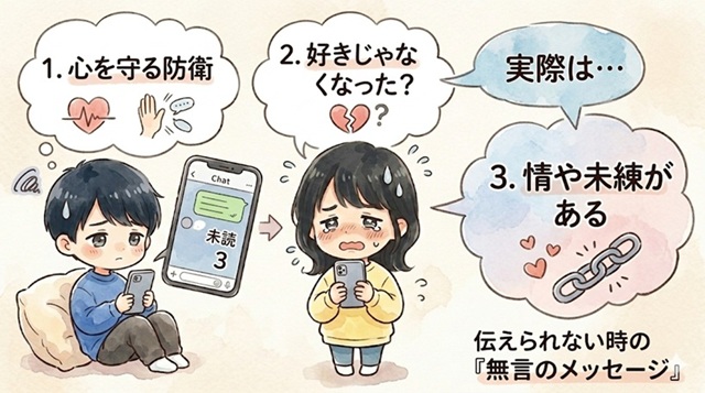 未読スルーする男性心理と復縁の可能性を解説したイラスト。