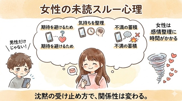女性の未読スルー心理と復縁の可能性を解説したイラスト。