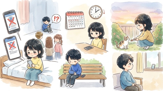 未読スルー中にやってはいけない行動を解説した復縁向けイラスト。