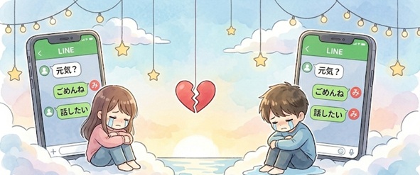 別れた後に連絡したいけれど素直になれない男女の復縁イラスト。