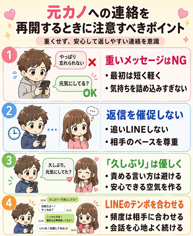 元カノへの連絡を再開するときに注意すべきポイントをまとめた復縁向けイラスト。
