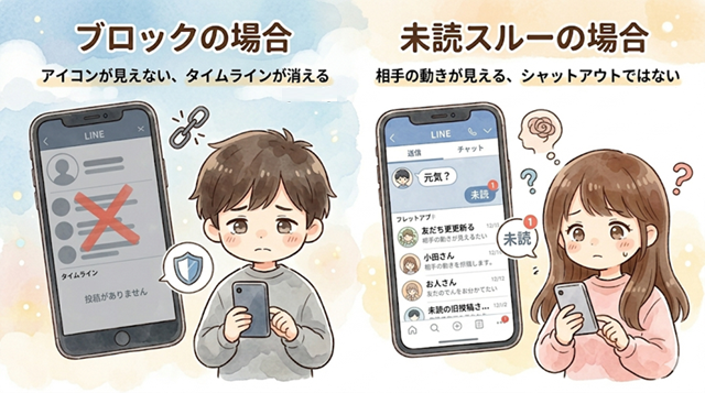 ブロックと未読スルーの違いを復縁向けに解説したイラスト。