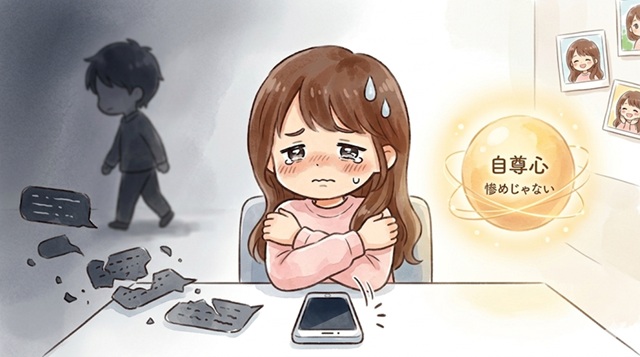 追ってこなくなった元カノの自尊心と決意を解説した復縁向けイラスト。