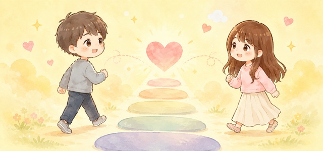 曖昧な関係から復縁へ進む5つのステップを表したイラスト。