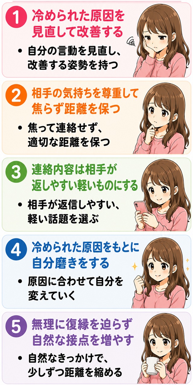 冷められた相手との復縁で意識したい5つのポイントをまとめた復縁向けイラスト。