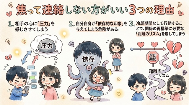 焦って連絡しない方がいい理由を復縁向けに解説したイラスト。