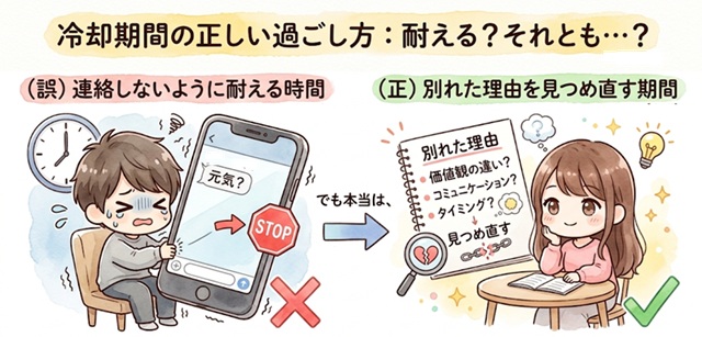 冷却期間の正しい過ごし方を復縁向けに解説したイラスト。