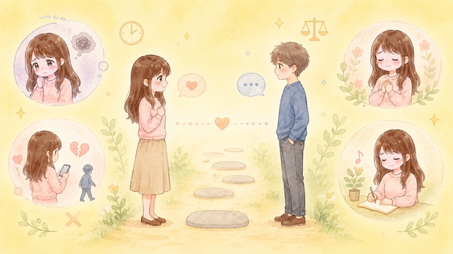 冷却期間中に女性が冷めるのを防ぎ、復縁を目指す5つの対策を解説した復縁向けイラスト。