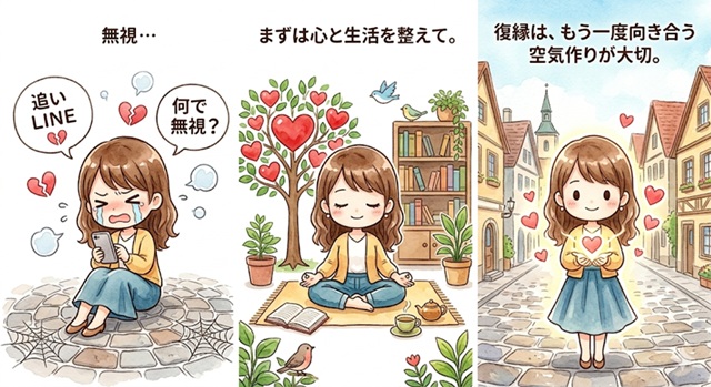 未読スルー中の不安と復縁準備を解説したイラスト。
