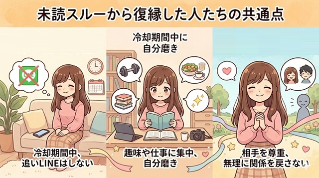 未読スルーから復縁した人たちの共通点を解説したイラスト。