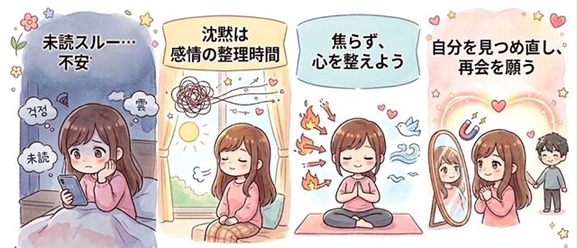 未読スルー中の不安と復縁準備を解説したイラスト。
