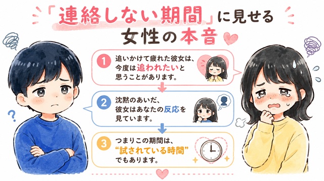 連絡しない期間に見せる元カノの本音を解説した復縁向けイラスト。