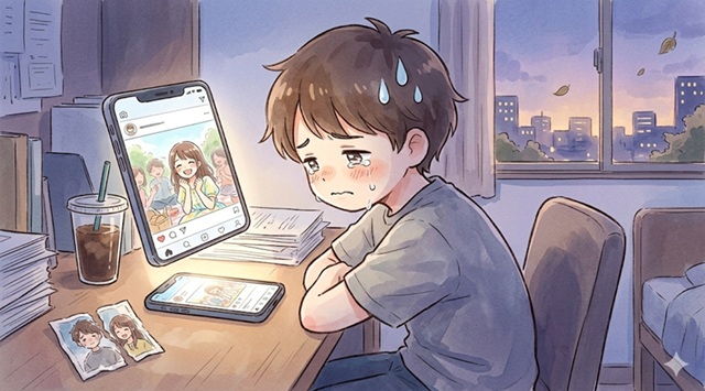 プライドが高い男性が喧嘩別れ後に後悔や嫉妬を感じる心理を描いた復縁向けイラスト。