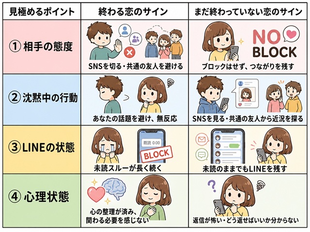未読スルーが終わる恋のサインか、まだ終わっていない恋のサインかを比較した復縁向けの表。