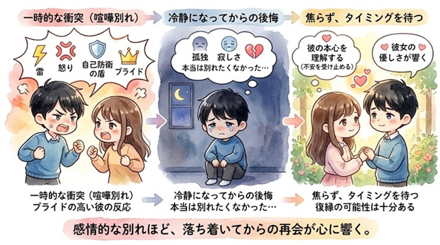 喧嘩別れした彼が時間の経過とともに後悔し、復縁の可能性が生まれる流れを解説した復縁向けイラスト。