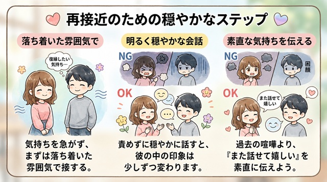 復縁に向けた再接近の穏やかなステップを解説した復縁向けイラスト。