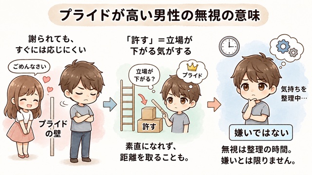 プライドが高い男性が謝罪にすぐ反応できず、無視してしまう心理を解説した復縁向けイラスト。
