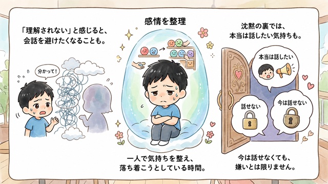 男性が感情を整理するために距離を置き、沈黙の裏に複雑な本音を抱えていることを解説した復縁向けイラスト。