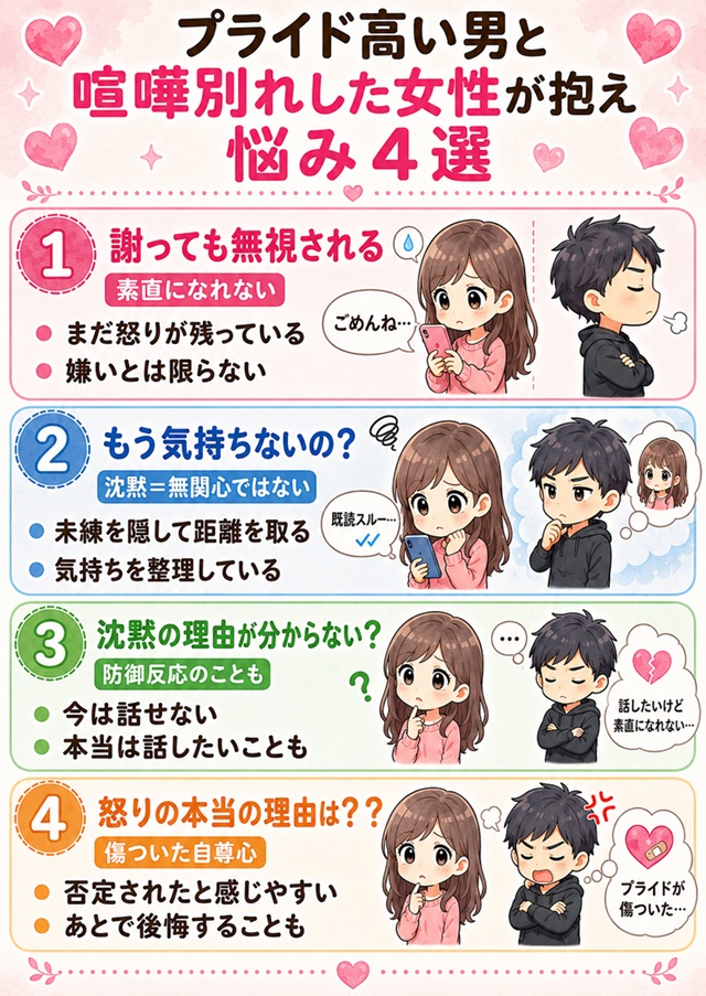 プライドが高い男性と喧嘩別れした女性が抱えやすい悩みを整理した復縁向けイラスト。