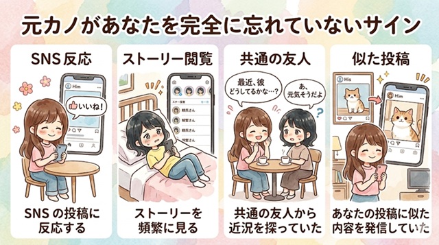元カノがあなたを完全に忘れていないサインを解説した復縁向けイラスト。