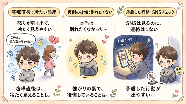喧嘩別れ後の元彼の冷たい態度と、裏にある後悔や未練を解説した復縁向けイラスト。
