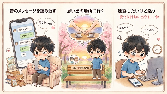 元彼が偶然を装って再会しようとする心理を描いた復縁向けイラスト。