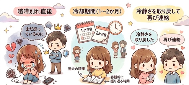 喧嘩別れ後の冷却期間と、冷静になってから再び連絡する流れを解説した復縁向けイラスト。