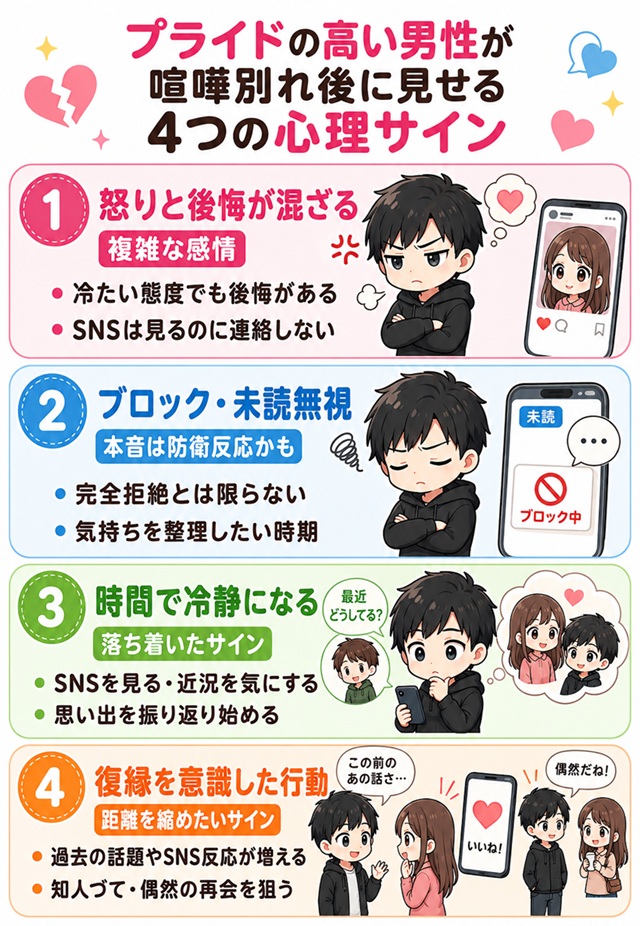 プライドの高い男性が喧嘩別れ後に見せる心理サインを解説した復縁向けイラスト。
