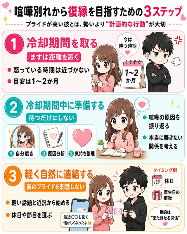 喧嘩別れから復縁を目指すための3ステップを解説した復縁向けイラスト。