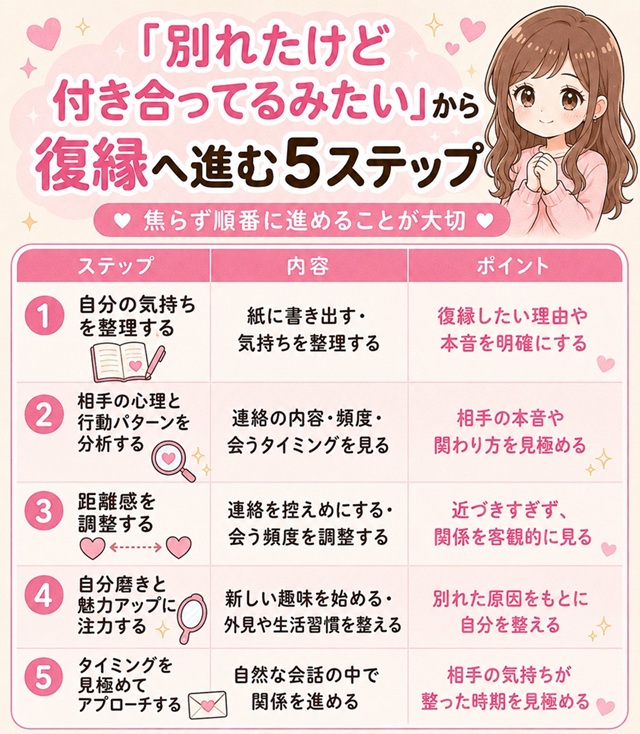 別れたけど付き合ってるみたいな関係から復縁へ進む5ステップの一覧表。