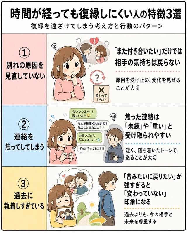 時間が経っても復縁しにくい人の特徴3選を解説した表。