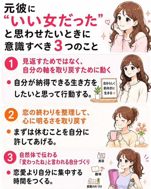 元彼にいい女だったと思わせるために意識したい3つのポイントをまとめた恋愛向けイラスト。