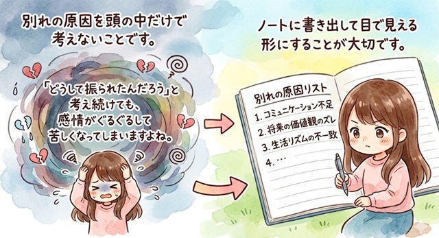 復縁に向けて別れの原因を書き出して整理する方法を解説したイラスト。