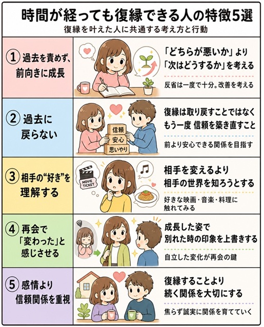 時間が経っても復縁できる人の特徴5選を解説した復縁向けの表。