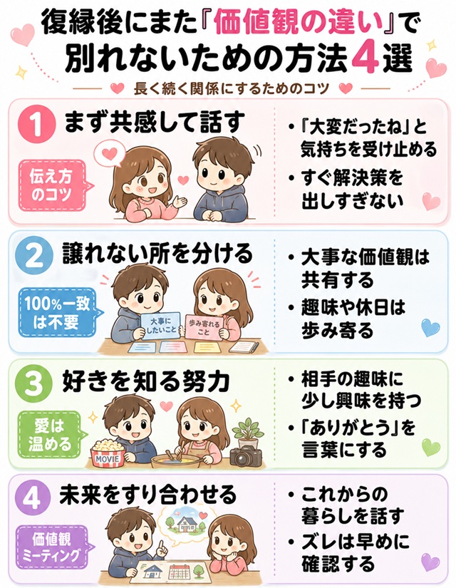 復縁後に価値観の違いで別れないための方法4選をまとめた復縁向けイラスト。