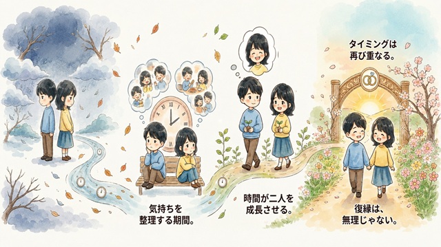 時間が経ってから復縁できる理由を解説した復縁向けイラスト。