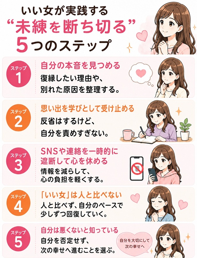 未練を断ち切るために大切な5つのステップをまとめた恋愛向けイラスト。