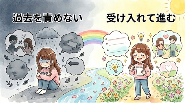 復縁で過去を責めないことの大切さを解説したイラスト。