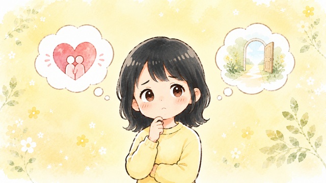 復縁したい気持ちと復縁しない方がいい理由の間で揺れる女性の気持ちを解説した恋愛向けイラスト。