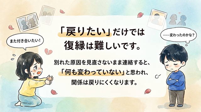 「戻りたい」だけでは復縁が難しい理由を解説したイラスト。