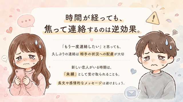 時間が経ってから復縁したいときの連絡の注意点を解説したイラスト。