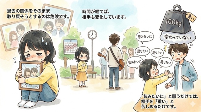 過去の関係をそのまま取り戻そうとすると復縁が難しくなる理由を解説したイラスト。