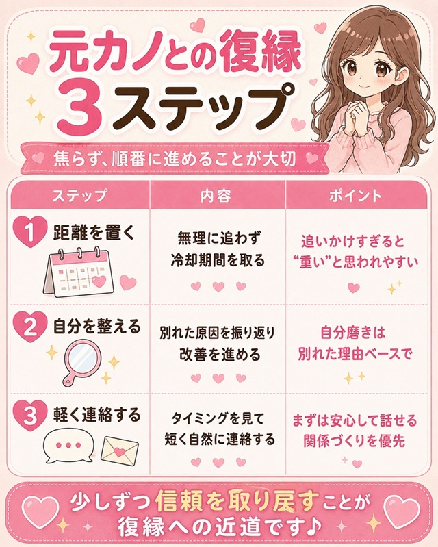 脈なし寄りの状況から復縁の可能性を高める3ステップ表。