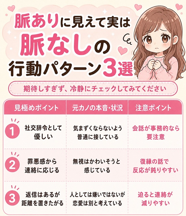 脈ありに見えて実は脈なしの行動パターン3選を整理したチェックリスト表。