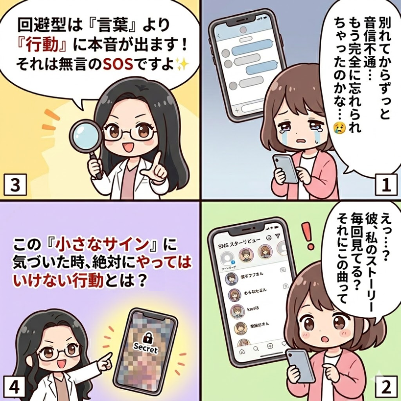 回避型の人が復縁を望む際のサインを４コマ漫画で解説