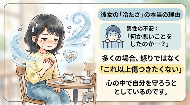 彼女の冷たさの本当の理由と、傷つきたくない防衛心を解説した復縁向けイラスト。