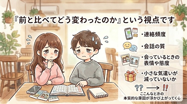元カノとの関係が前と比べてどう変わったのかを見直すポイントを解説した復縁向けイラスト。