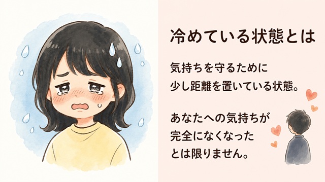 冷めている状態に見える彼女の心理と、気持ちを守るために距離を置いている可能性を解説した復縁向けイラスト。