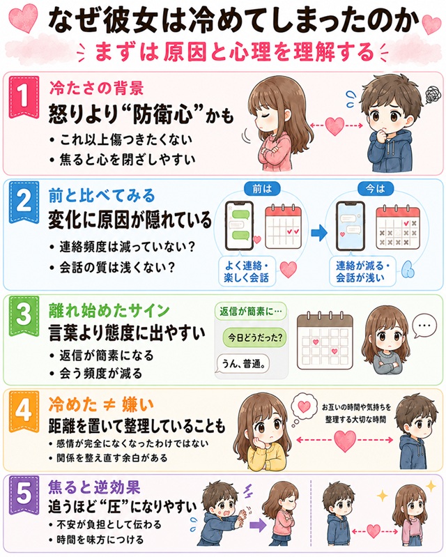 彼女が冷めてしまった理由と、復縁で避けたい行動を解説した復縁向けイラスト。