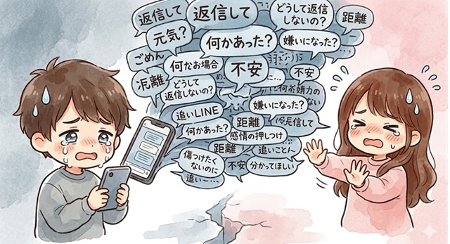 追いLINEや不安な言葉が相手に負担として伝わる理由を解説した復縁向けイラスト。